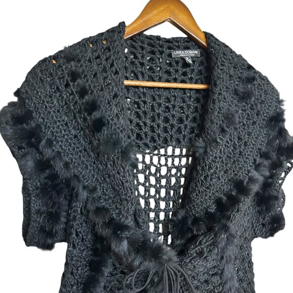 Linea Domani Black Crochet Tie Front Rabbit Fur Bohemian Cardigan Size M - Picture 4 of 12